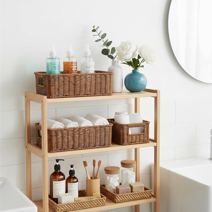 2Pack Toilet Paper Storage Basket, Small Wicker Basket For Toilet Paper Rolls, Waterproof Hand Woven Organizer Baskets Over Tank Topper, Shelf Baskets for Bathroom Countertop (Coffee Brown)
