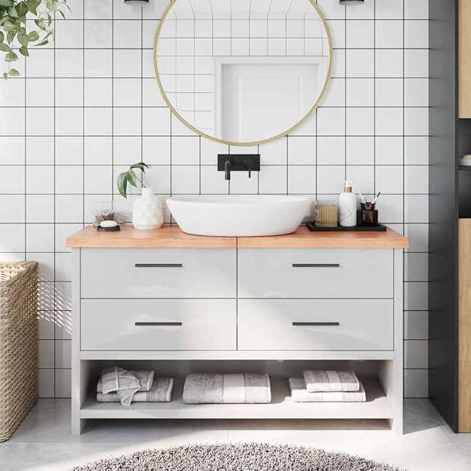 vidaXL Bathroom Countertop in Light Brown Solid Oak Wood, Treated with Varnish, Live Edge, Versatile Use, 55.1"x11.8"x(0.8"-1.6")"