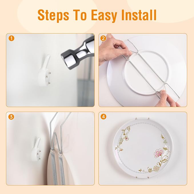 2 Pack Plate Hangers for The Wall, Suitable for 6-8 inch Art Plate, Stainless Steel Invisible Heavy Duty Wire Plate Holder with Wall Hooks, Plate Hangers for Displaying Plates, Platter, Dish, Silver