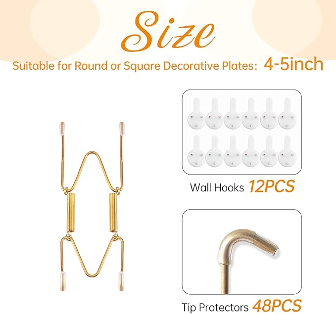 Bilillo 12 Pieces Plate Wall Hangers for Display - Invisible Plates Hanger, Stainless Steel Plate Holders with 12 Pieces Wall Hooks for 4.5-5.5 Inch Decorative Plates and Arts