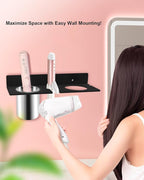 Hair Tool Organizer, Hair Dryer Holder with Heatproof Steel Cups, Acrylic Vanity Organizer for Curling Iron, Flat Iron & Hair Brushes, Perfect for Bathroom (Black, Compact)