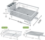 Dish Drainer Rack with Drip Tray, Sink Dish Drainer with Drainage Spout, Stainless Steel Dish Drying Rack with Cups, Utensil & Cutting Board Holders for Kitchen Counter Space-Saving, Grey