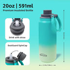 Greylock 20 oz Insulated Water Bottle with Straw Lid, Reusable Stainless Steel Sports Water Bottles with Foldable Handle, Leak Proof, Double-Wall Vacuum Insulation, 24 Hours Cold (Mint)