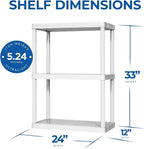 Gracious Living 3 Shelf Fixed Height Light Duty Storage Unit 12 x 24 x 33" Organizer System for Home, Garage, Basement, & Laundry, White (3 Pack)