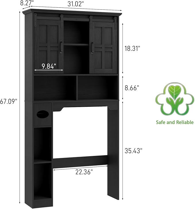 Vabches Farmhouse Over The Toilet Cabinet with Sliding Doors, Home Space-Saving Toilet Rack with Toilet Paper Holder Stand and Open Storage Shelf, for Restroom, Bathroom, Laundry.Pure Black