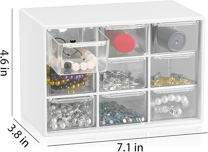 Small Drawer Organizer for Desk, 7.1" x 3. 8" x 4.6" Mini Desktop Drawer Organizer with 9 Clear Drawers, Plastic Desktop Craft Storage Box for Desk Office School Home (White)