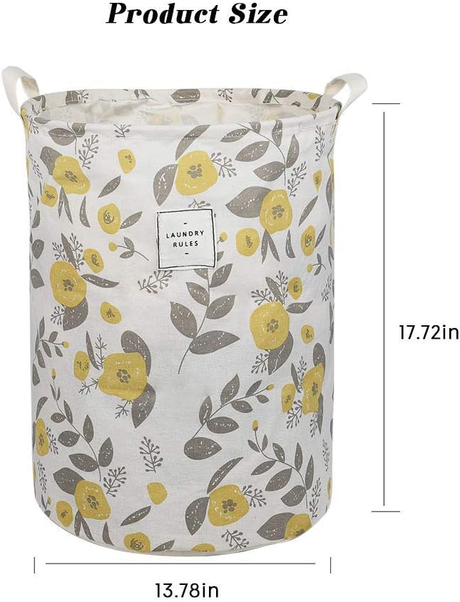 UUJOLY Collapsible Laundry Basket, Laundry Hamper with Handles Waterproof Round Cotton Linen Laundry Hamper Printing Household Organizer Basket, 19.7x15.7 inches, Yellow