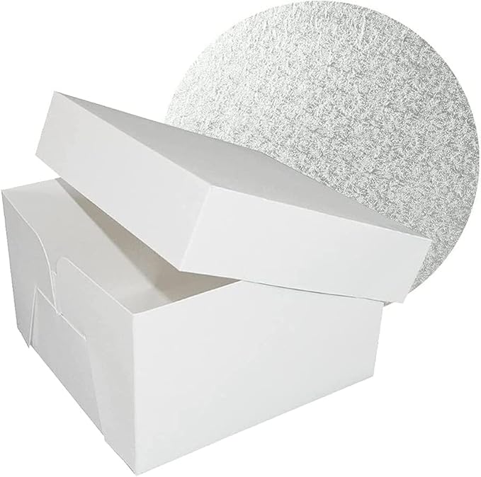 DecoPac 12" Round Silver Cake Drum Board & White Cake Box Combo, 12 Inch Square Bakery Box and Matching Cake Circle Set For Dessert, Pie, And Cookie Transport