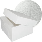 DecoPac 12" Round Silver Cake Drum Board & White Cake Box Combo, 12 Inch Square Bakery Box and Matching Cake Circle Set For Dessert, Pie, And Cookie Transport