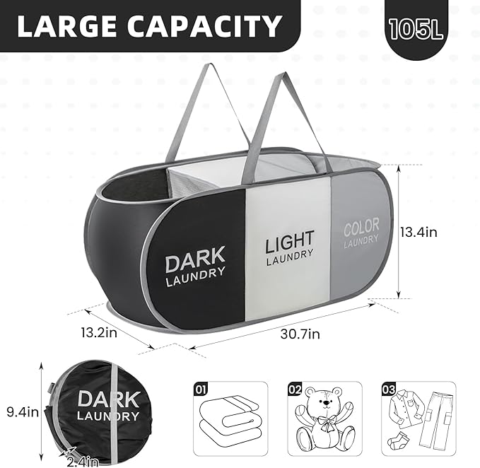 TECHMILLY Collapsible Laundry Basket Durable Pop Up Hamper with 2 Compartments for Sort and Storage, Portable Dirty Clothes Hamper for Dorm, Laundry Room or Travel (Black + Grey + Begie)