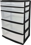 HOMZ Drawer Tower, 5-Tier Extra-Wide Clear Plastic Storage Organizer Cart, Black Frame - Stackable Container Boxes for Bedroom, Bathroom, Garage, and Office Organization