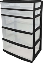 HOMZ Drawer Tower, 5-Tier Extra-Wide Clear Plastic Storage Organizer Cart, Black Frame - Stackable Container Boxes for Bedroom, Bathroom, Garage, and Office Organization