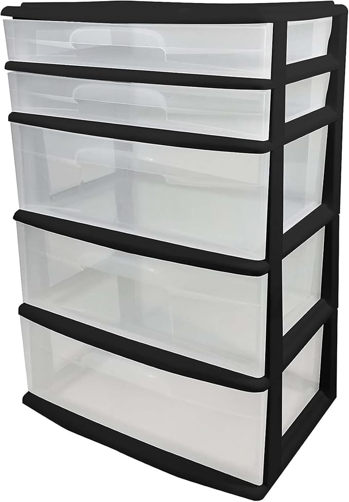 HOMZ Drawer Tower, 5-Tier Extra-Wide Clear Plastic Storage Organizer Cart, Black Frame - Stackable Container Boxes for Bedroom, Bathroom, Garage, and Office Organization