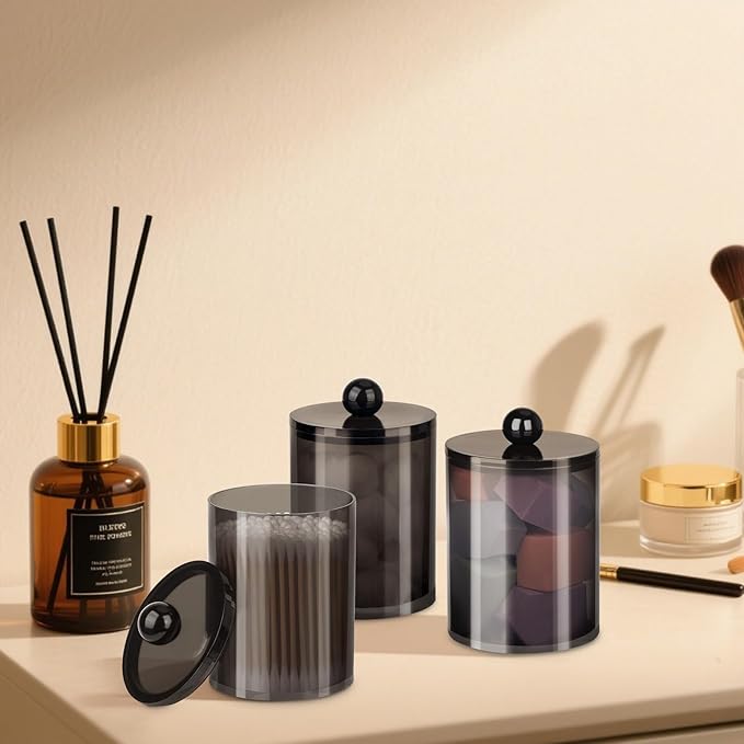 6 Pack Qtip Holder,Canister Apothecary Jar Set, Bathroom Jars with Lids Set for Cotton Swabs, Balls, Pads, Floss Picks,10oz-12oz Plastic Canisters Restroom Bedroom Vanity Organizer(Black)
