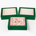 Bakepacker 12 Cupcake Containers 10-Packs Forest Green Cupcake Box Cupcakes Carrier, 12 Cupcake Boxes with Window 13"x10"x3.5"（Auto-pop up）