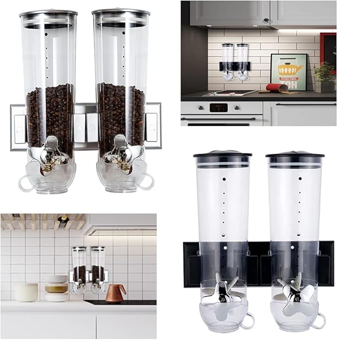 101oz Wall Mount Dry Goods Dispenser, Double-bucket Dry Cereal Dispenser Grain Dispenser Grid Grain Storage Bin Kitchen Storage Organizer, Dry Food Cereal Dispenser For Food Nuts Flour Maker (Black)