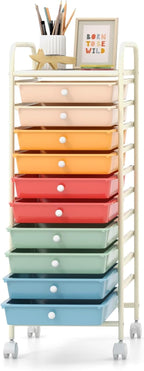 GOFLAME 10-Drawer Rolling Storage Drawer Cart, Utility Cart with Removable Drawers & Metal Frame, Mobile Art Craft Drawer Cart with Lockable Wheels for Home, Office, Studio, School, Macaron Color