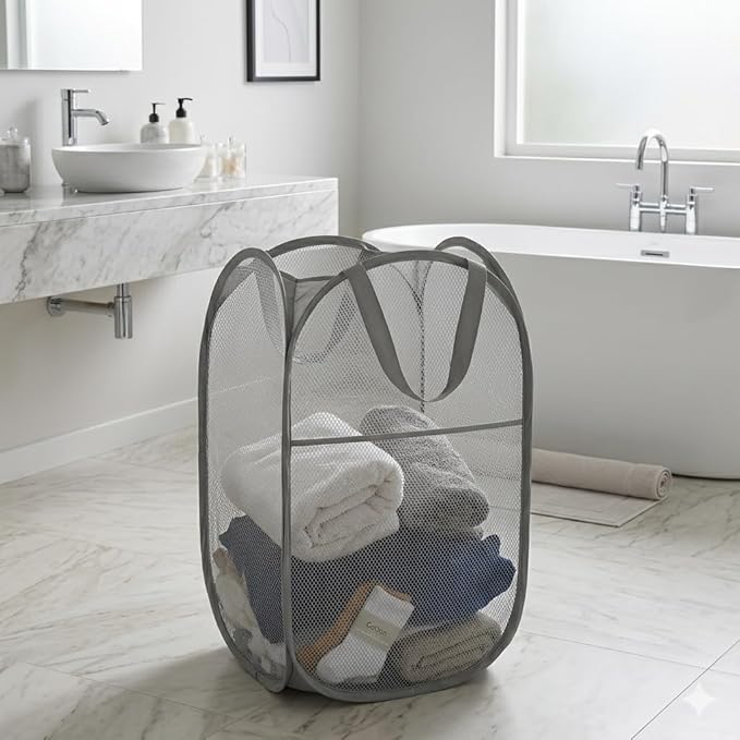 Mesh Large Pop Up Laundry basket, Collapsible Laundry Hampers with Handles, Foldable Dirty Clothes Hampers for Bathroom, College Dorm, Travel, Gray