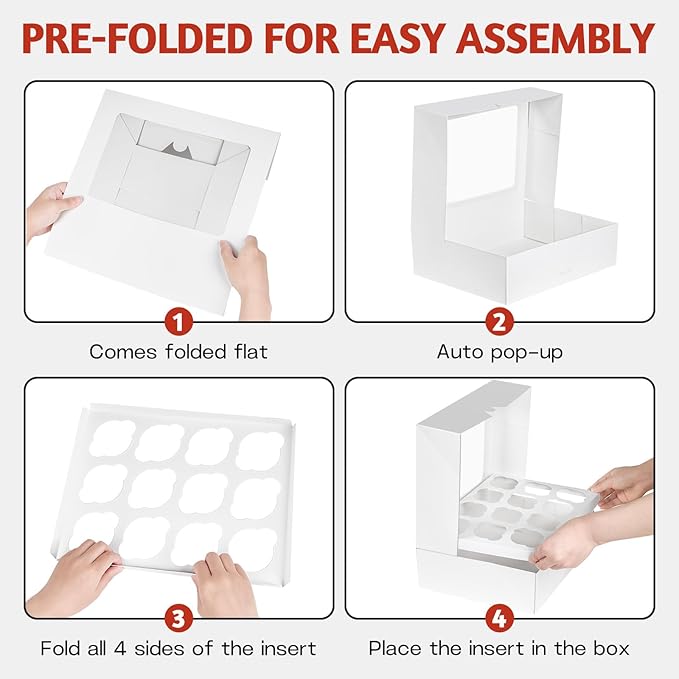12 Count Cupcake Boxes, 8 Pack Auto-Popup White Cupcake Containers with Window and Inserts Cupcake Carrier with Holders to Fit Dozen Cupcakes and Muffins