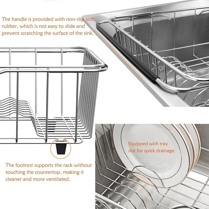 Stainless Steel Dish Drying Rack(15.2"L X 11"W X 5.3"H), Expandable Fruit & Vegetable Drain Rack over Sink, Dish Drainer Rack in Sink, with Stainless Steel Utensil Holder & Silicone Mat(16")