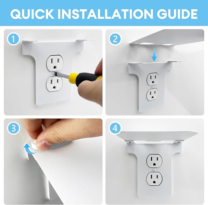 Metal Outlet Shelf Wall Holder for Duplex (Round) Outlets - Bathroom & Kitchen Organizer with Cord Storage, Quick Install for Smart Home Toothbrush Holder Holds Smart Speaker Cell Phone 2Pack