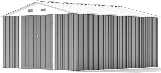 Patiowell 10 x 12 FT Outdoor Storage Shed, Large Metal Shed Storage with Lockable Doors and Steel Frame, Utility Tool Outside Storage Shed for Garden, Patio, Backyard, Gray