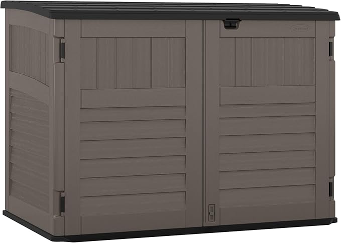 Suncast 5.9 ft. x 3.7 ft Horizontal Stow-Away Storage Shed - Natural Wood-Like Outdoor Storage for Trash Cans and Yard Tools - All-Weather Resin, Hinged Lid, Reinforced Floor - Made in The USA