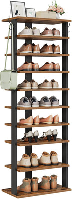 HOOBRO 10 Tiers Vertical Shoe Rack, Wooden Shoe Storage Organizer with Hooks, Narrow Shoe Tower for 20 Pairs, Space Saving, for Entryway, Living Room, Bedroom, Rustic Brown FG140XJ01