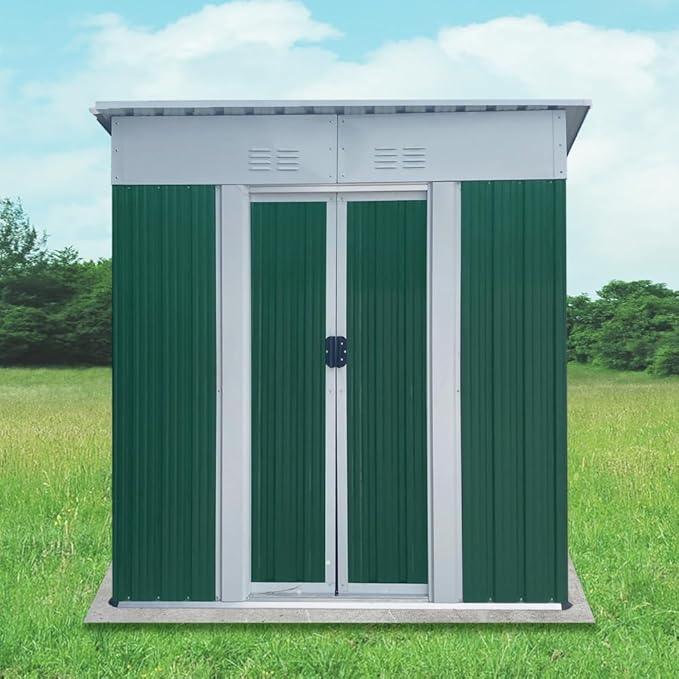 Heavy-Duty Outdoor Garden Shed with Aluminum Alloy Frame, Hinged Door, and Stable Foundation for Secure Storage (5x3 FT Green Pent Roof)