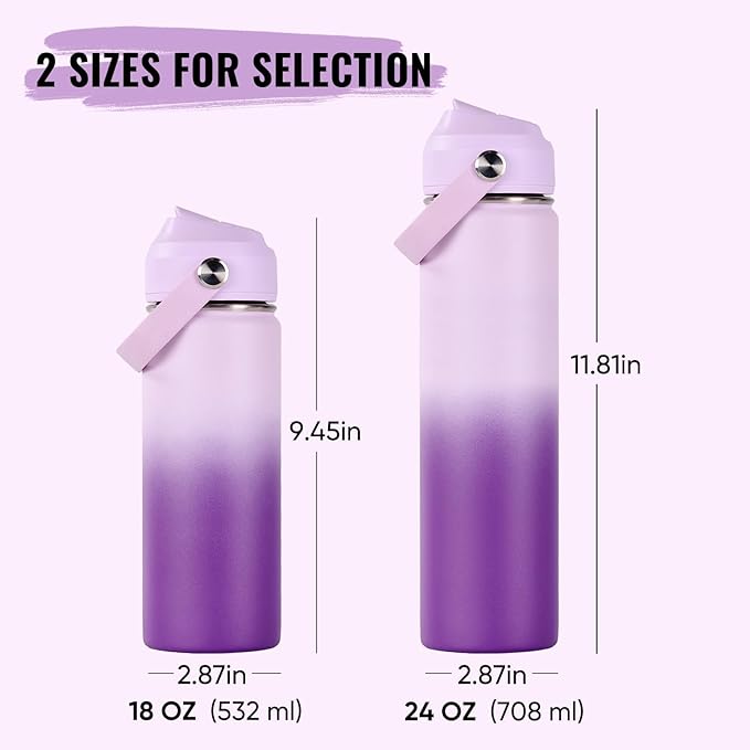 24oz Insulated Stainless Steel Water Bottle, Wide Mouth Double Wall Vacuum, Silicone Straw, Sweat & Leak Proof, BPA Free Insulated Water Flask for Travel, Purple Gradient