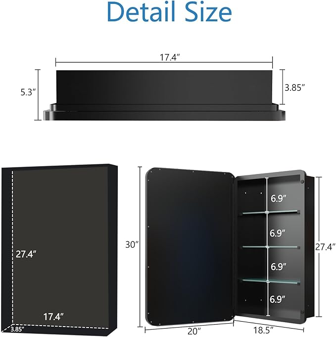 Bathroom Medicine Cabinet with 20"x30" Stainless Steel Framed Mirror,Recessed or Surface Mounted Bathroom Mirror Cabinet,Storage Cabinet for Bathrooms, Guest Rooms, Apartments, Farmhouse Decor