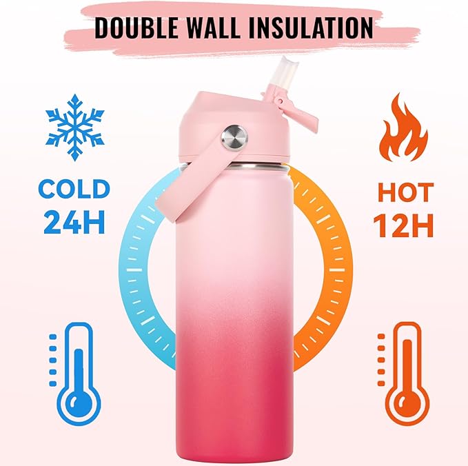 18oz Insulated Stainless Steel Water Bottle, Wide Mouth Double Wall Vacuum, Silicone Straw, Sweat & Leak Proof, BPA Free Insulated Water Flask for Travel, Keep Cold 24h Hot 12h, Pink Gradient