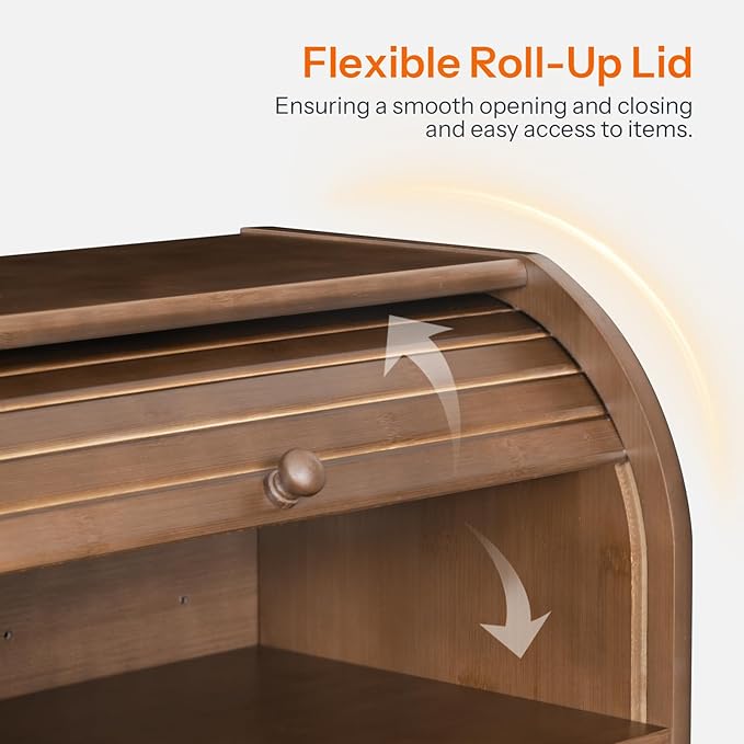 HOOBRO Bread Box, Bamboo Bread Box for Kitchen Countertop, 2 Tier Roll-Top Bread Bin, Food Storage Box, Large Capacity Keeper, Wooden Storage Cabinet, for Kitchen, Dining Room, Brown BR13MB01
