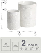FUN ELEMENTS Kitchen Utensil Holder, 7.2+5.5" Super Large Utensil Crock Heavy and Stable Lace Emboss Ceramic Utensil Holder for Kitchen Counter(2Pcs Bright White)