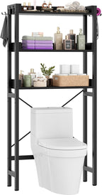 Over The Toilet Storage Rack - 3 Tier Bathroom Organizer with Shelves, Freestanding Space Saver Storage Rack Above Toilet Stand with 4 Hooks for Restroom, Laundry, Black