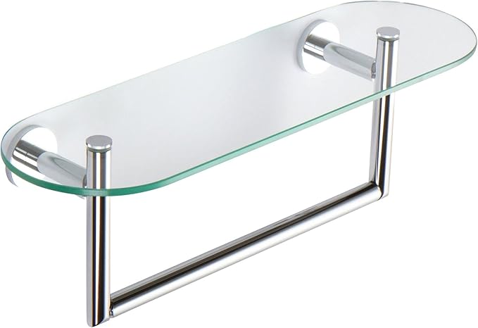 Ginger 0219T-18/PC Sine 18" Tempered Glass Toiletry Bathroom Shelf with Towel Bar, Polished Chrome