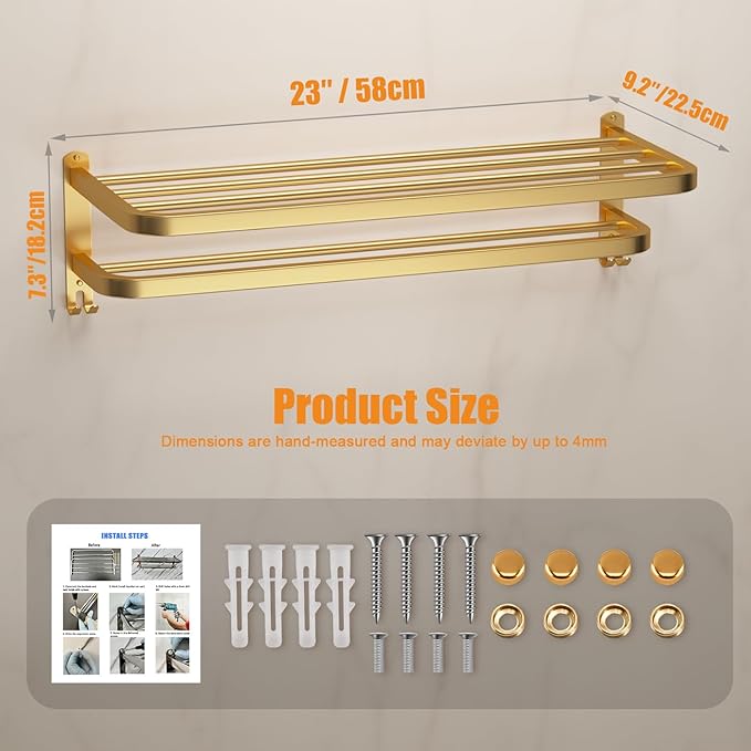 DDS-DUDES 23 Inch Gold Bathroom Towel Rack Towel Shelf with Double Towel Bars Lavatory Wall Mount Holder with Hooks Golden Stainless Steel Hotel Bath Rack