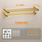 DDS-DUDES 23 Inch Gold Bathroom Towel Rack Towel Shelf with Double Towel Bars Lavatory Wall Mount Holder with Hooks Golden Stainless Steel Hotel Bath Rack