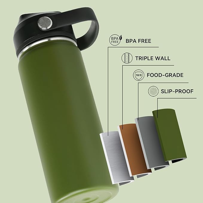 18oz Insulated Stainless Steel Water Bottle, Wide Mouth Double Wall Vacuum, Silicone Straw, Sweat & Leak Proof, BPA Free Insulated Water Flask for Travel, Keep Cold 24h Hot 12h, Green