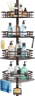 Consumest Corner Shower Caddy Tension Pole - Rustproof Shower Shelves with Towel Bar & Soap Holder, Adjustable Bath Organizer for Bathroom Storage, 27.6-108.3 inch, Bronze