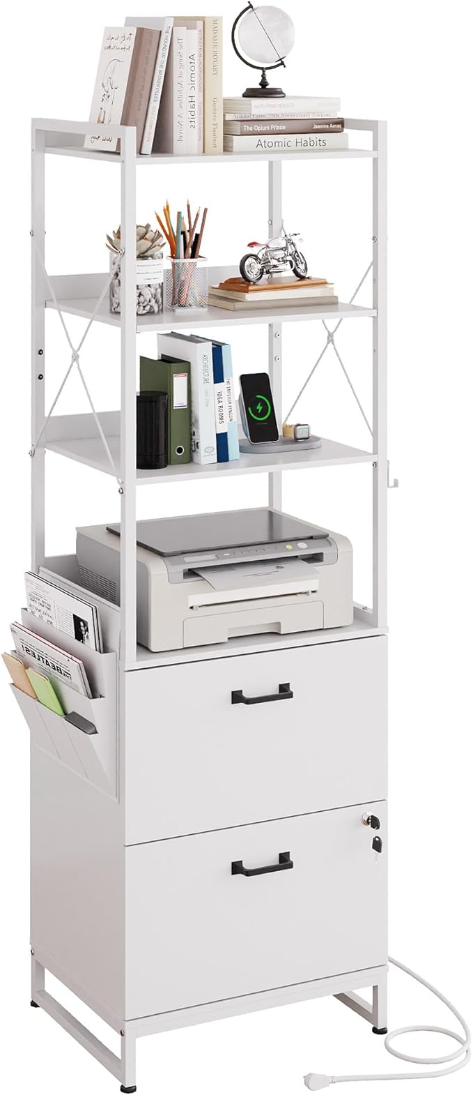 DEVAISE 2 Drawer File Cabinet with Lock, Charging Station & Adjustable Shelf,Tall Filing Cabinet for Home Office with Hook, Printer Stand Fits A4/Letter/Legal, White