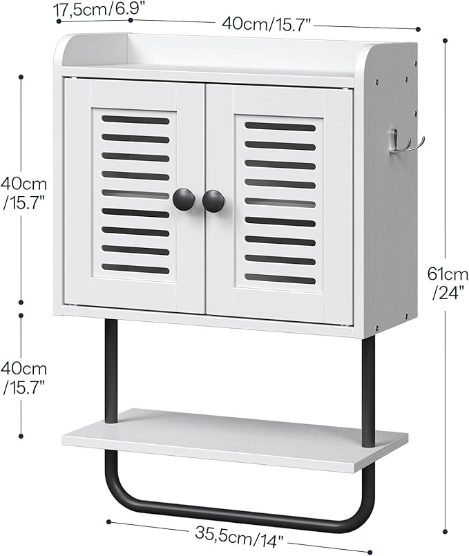 HOOBRO Medicine Cabinet, Double Doors Bathroom Wall Cabinet with Towel Bar, Adjustable Shelf, 2 Hooks, Over The Toilet Storage Cabinet, for Bedroom, Kitchen, White BW46CW01