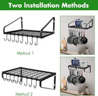 Hanging Pots & Pans Rack,Wall Mounted Pots Pans Organizer Holder Rack with 8 Hooks, Kitchen Wall Storage Organizer Hanger Shelves for Pans Set, Utensils, Cookware, Books, Household,Black