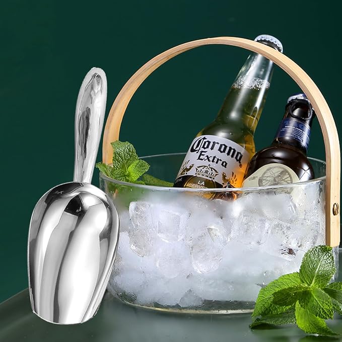 Metal Ice Scoop，Kitchen Ice Scooper for Ice Maker,Stainless Steel Small Ice Scooper for Freezer，Kitchen Gadgets Cookie Flour Pet Dog Food Scoop (Curved handle silver, 3oz)
