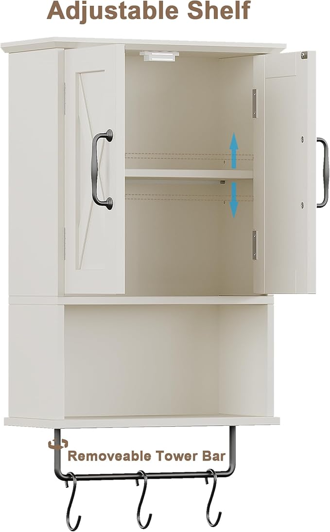 ChooChoo Farmhouse Medicine Cabinet, Bathroom Wall Cabinet with Adjustable Shelf, Towel Bar, 3 Hooks, Over The Toilet Storage Cabinet for Bathroom, Kitchen, White