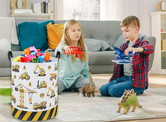 ESSME Kids Laundry Basket,Car Hamper Collapsible Canvas Waterproof Storage Bin for Boys, Nursery Hamper,Gift Baskets,toy bins(Engineering vehicle)