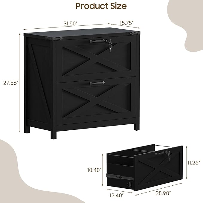 Lateral File Cabinet with 2 Large Drawers, Farmhouse File Cabinet with Lock for Letter/Legal/A4 Size Hanging Files, Wood File Storage Cabinets Printer Stand for Home Office Cabinets, Rustic Black