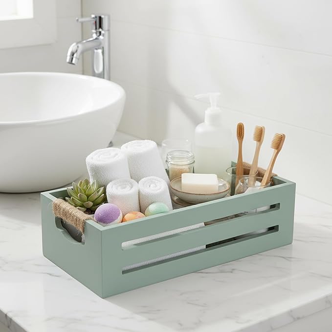 Toilet Paper Storage Box with Handles, Wooden Wicker Toilet Tank Basket, Bathroom Basket Organizer for Countertop, Decorative Wicker Bins for Bathroom or Guest Room-Green