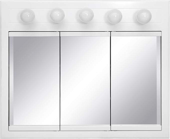 Design House Concord Medicine Cabinet, 3 Mirrored Doors, Pre-Assembled, Surface Mount, 5 Lights, White Wood Frame Wall Cabinet, 36 in W x 5 in D x 30 in H, 532390-WHT