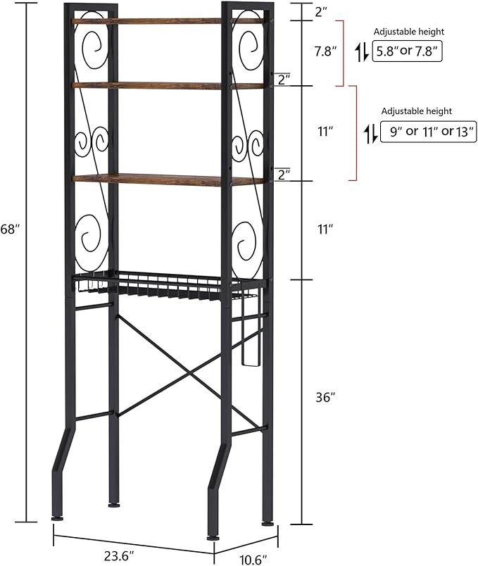 Aduanbang Over-The-Toilet Storage Shelves, 4-Tier Bathroom Organizer with Adjustable Feet Pad and Basket, Freestanding Space Saver (Rustic Brown)